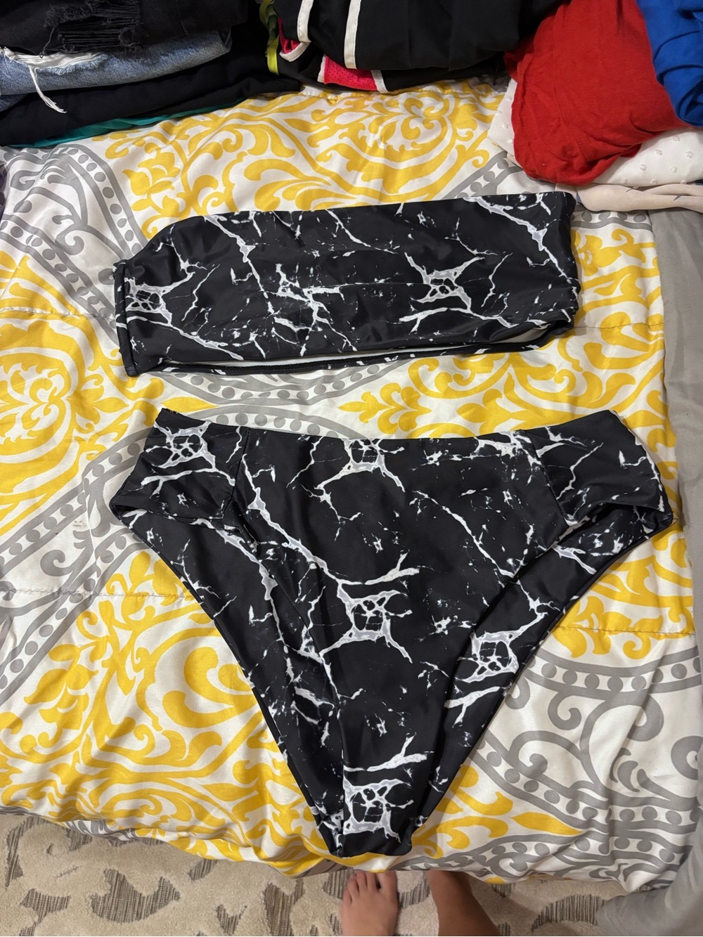 SHEIN Black and White Marble Bandeau Bikini Set